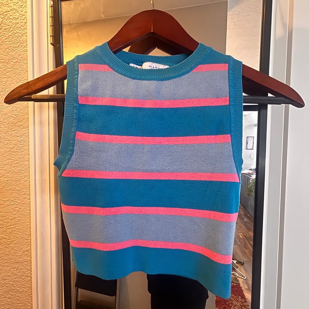 Zara Blue Pink Striped Knit Crop Top S Y2K Barbiecore - Picture 3 of 5